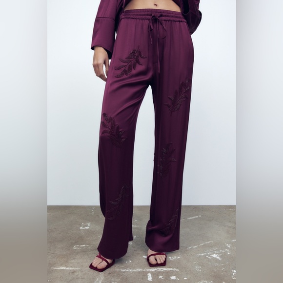 NEW Zara Beaded Embroidered High Waist Purple Pants 2731/295 Small - Picture 1 of 9